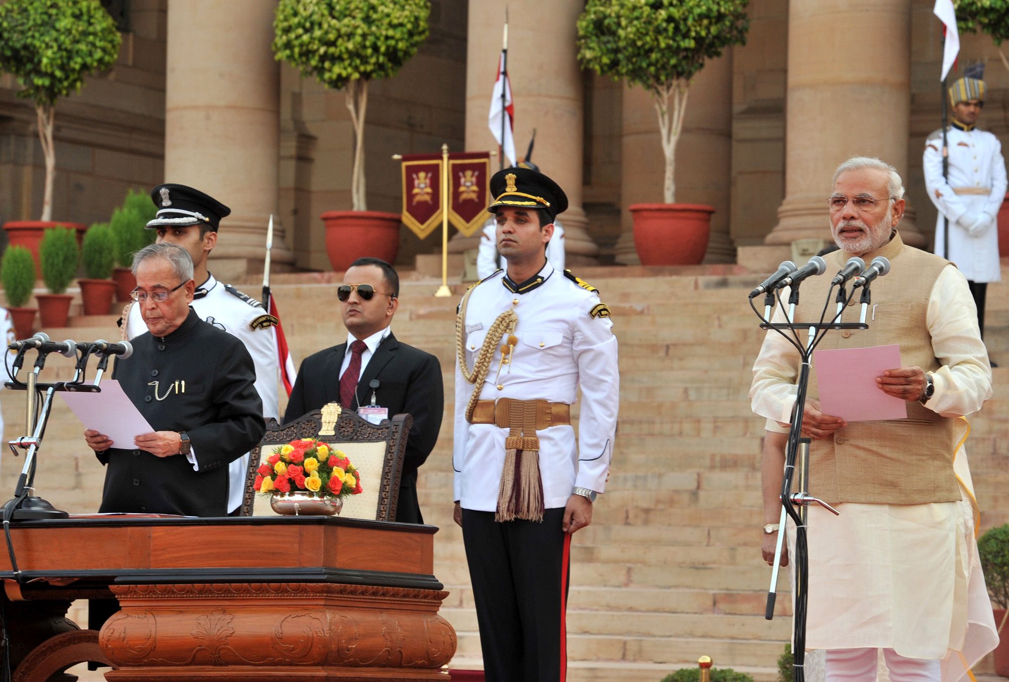 The President, Shri Pranab Mukherjee administering the oath of office of the Prime Minister to Shri Narendra Modi, at a Swearing-in Ceremony, at Rashtrapati Bhavan, in New Delhi on May 26, 2014.